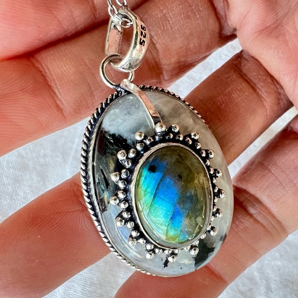 Jewelry - 925 OMG Gorgeous! Flash Labradorite + Moonstone w/ Tourmaline Necklace Pendant